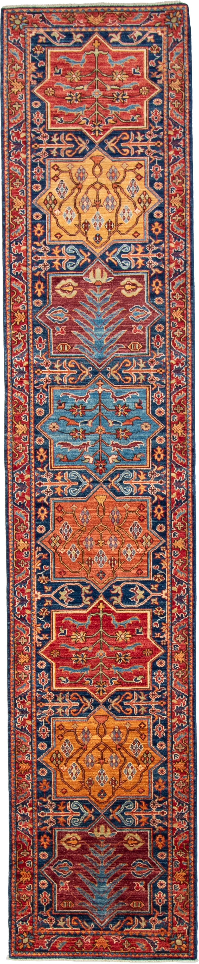W 2.8 L 13.2 Kazak Runner 100% Wool Hand-Woven Geometric Design - 65626