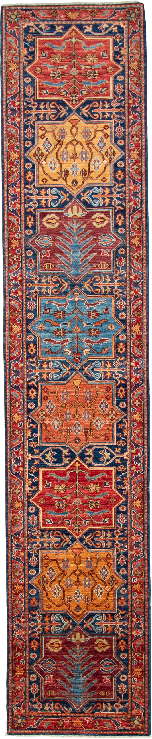 W 2.8 L 13.2 Kazak Runner 100% Wool Hand-Woven Geometric Design - 65626