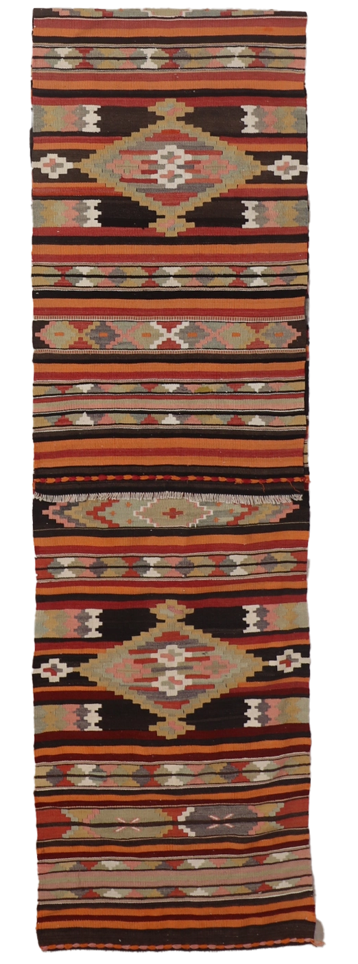 W 2.6 L 13.1 Kilim Runner 100% Wool Hand-Woven Geometric Design - 65722