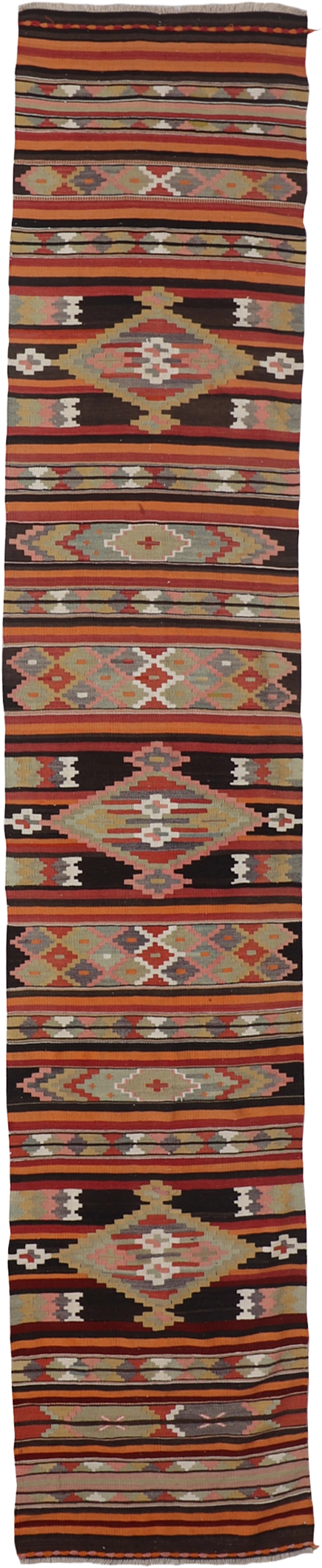 W 2.6 L 13.1 Kilim Runner 100% Wool Hand-Woven Geometric Design - 65722