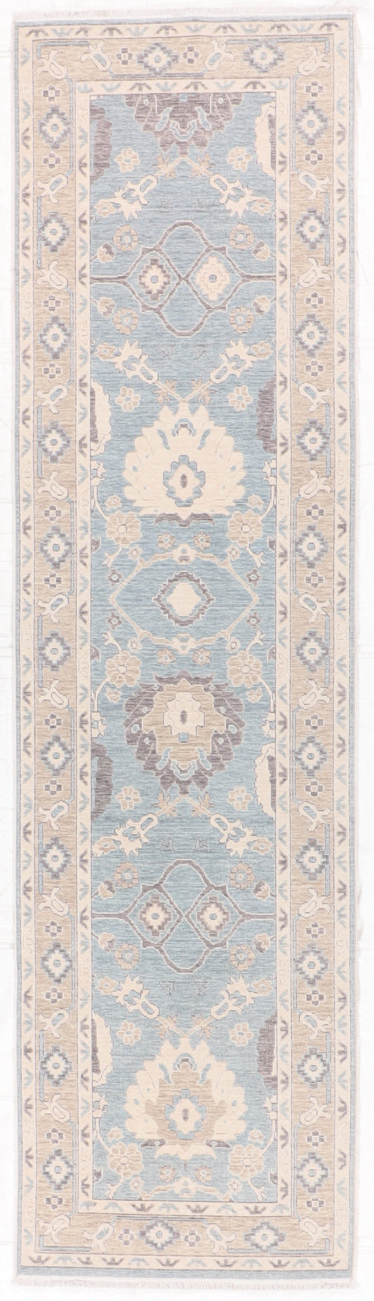 W 2.10 L 10.5 Oushak Runner 100% Wool Hand-Woven All-Over Design - 65744