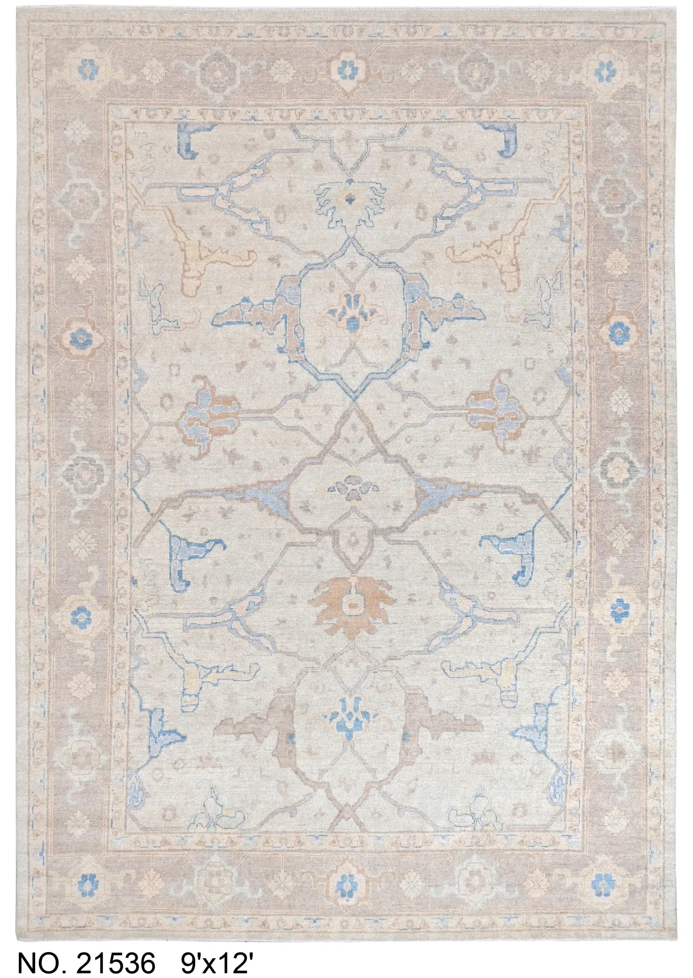 9×12.6 Oushak wool rug in airy palette with soft florals