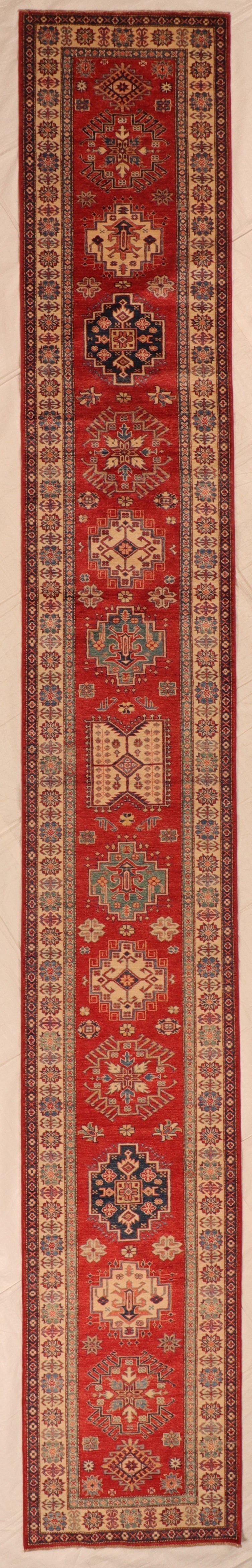 2.9 x 19.8 Runner - Kazak Fine Geometric Rectangle - Hand Knotted Rug — 66102