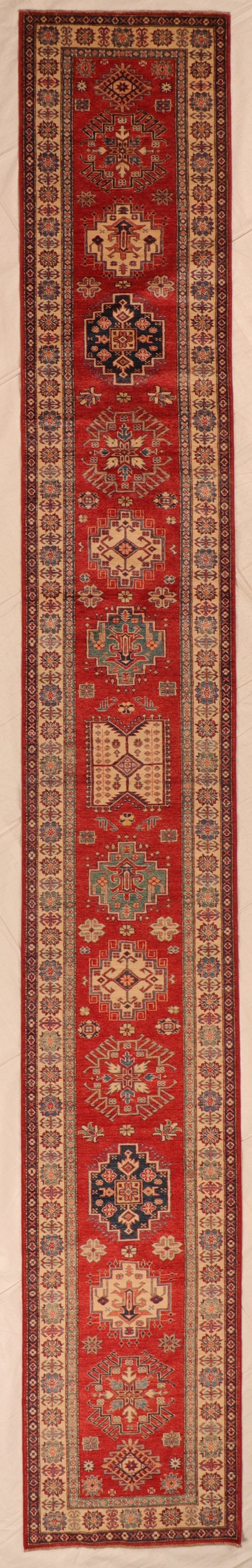2.9 x 19.8 Runner - Kazak Fine Geometric Rectangle - Hand Knotted Rug — 66102