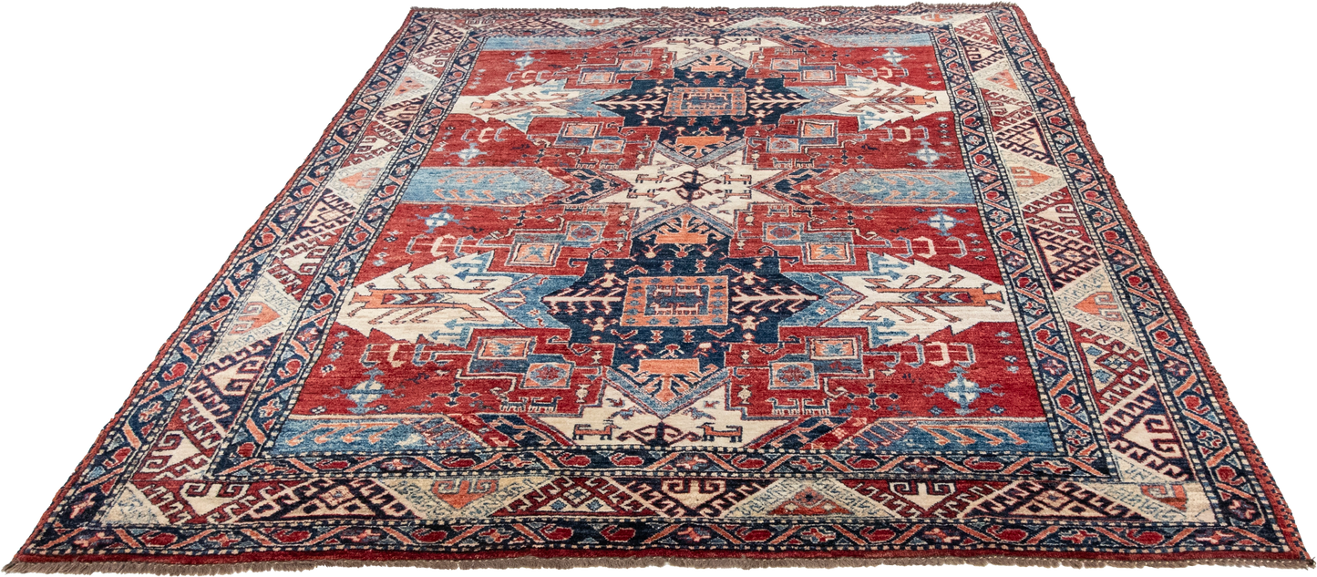 W 7 L 8.10 Kazak 100% Wool Handmade Geometric Design - 66340