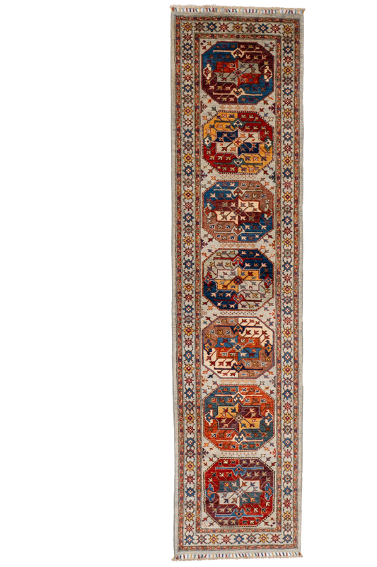 W 2.8 L 11.1 Turkaman Runner 100% Wool Handmade Geometric Design - 66686