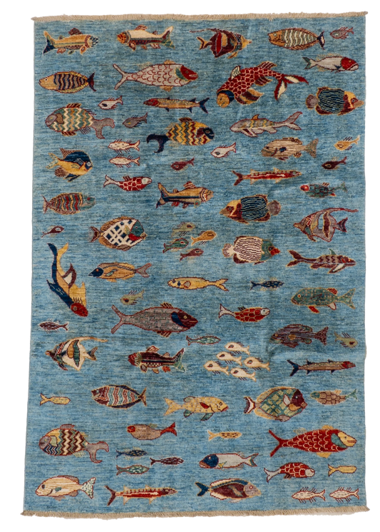W 4 L 5.10 Fish 100% Wool Hand-Woven All-Over Design - 66715
