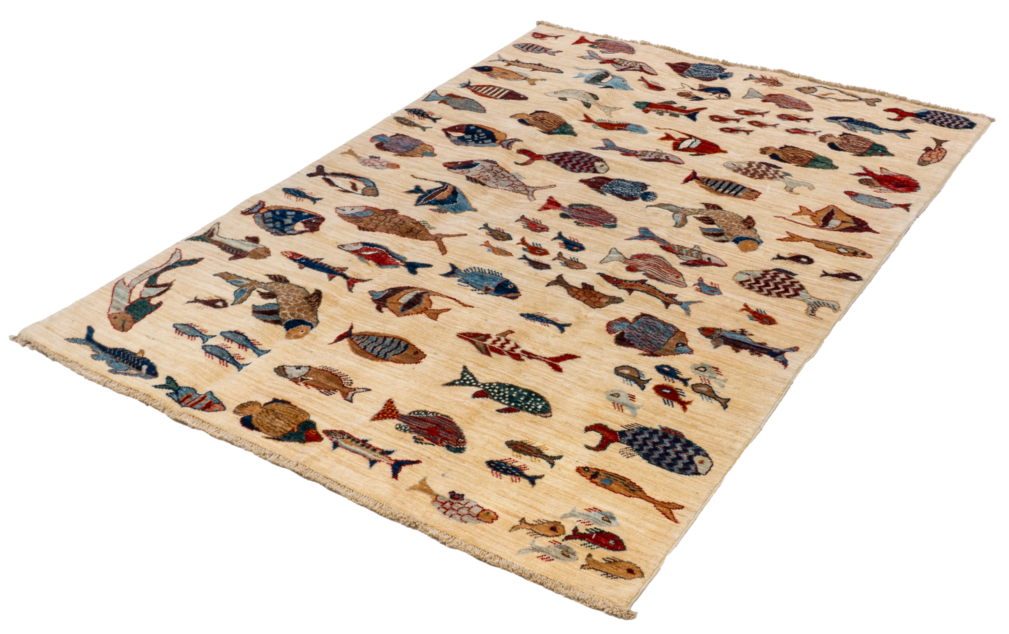 W 4.10 L 6.6 Fish 100% Wool Hand-Woven All-Over Design - 66716