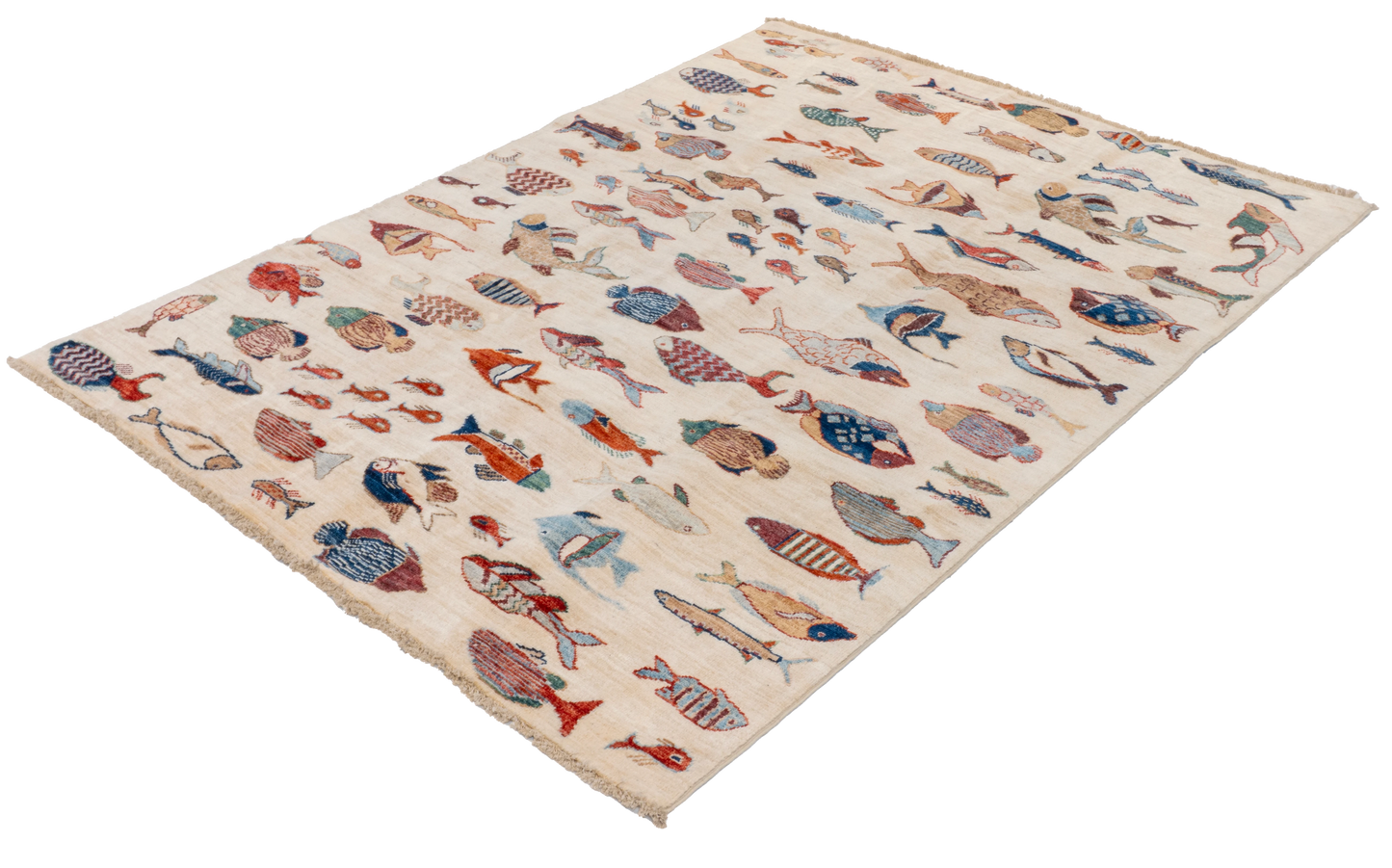 W 4.10 L 6.6 Fish 100% Wool Hand-Woven All-Over Design - 66716