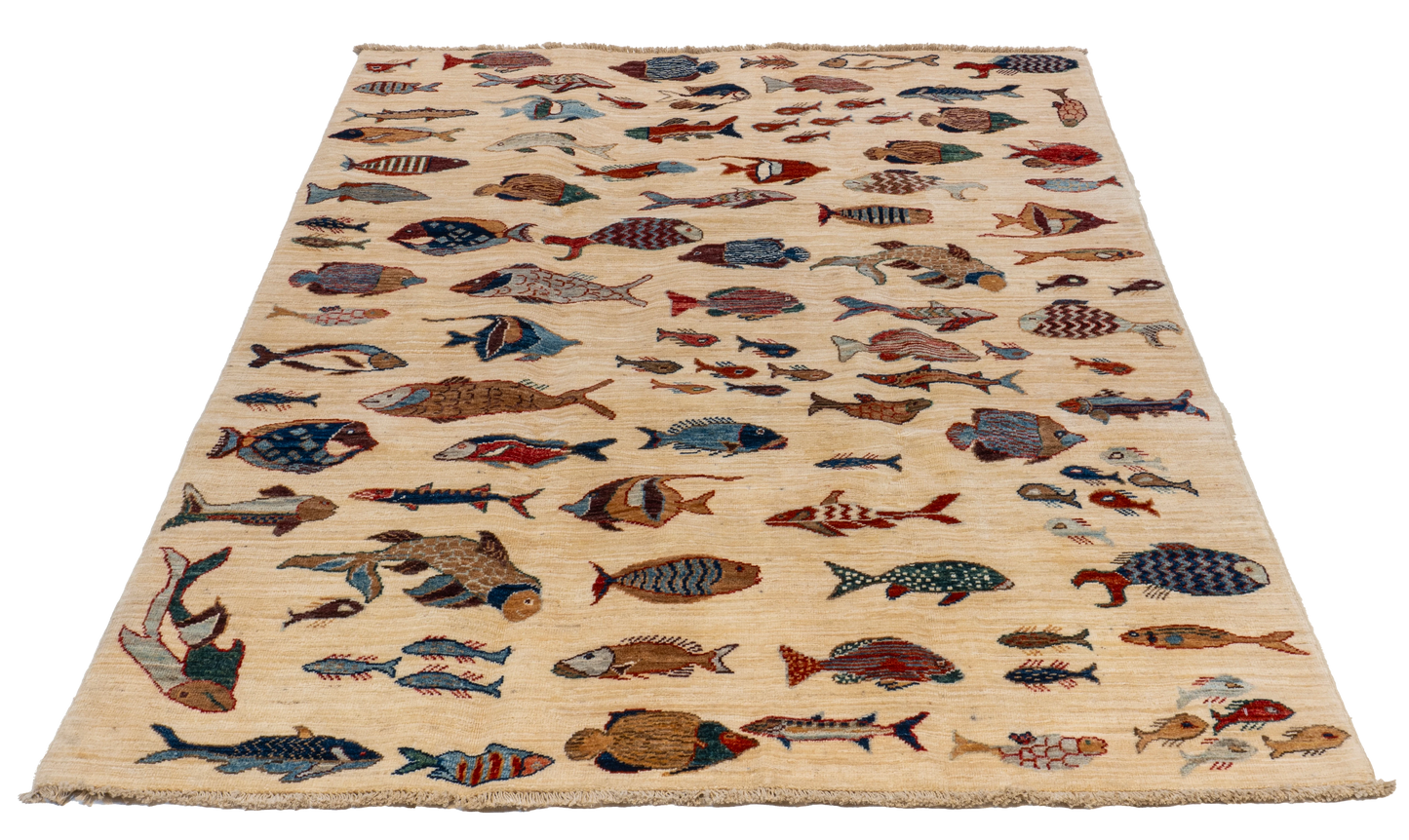 W 4.10 L 6.6 Fish 100% Wool Hand-Woven All-Over Design - 66716