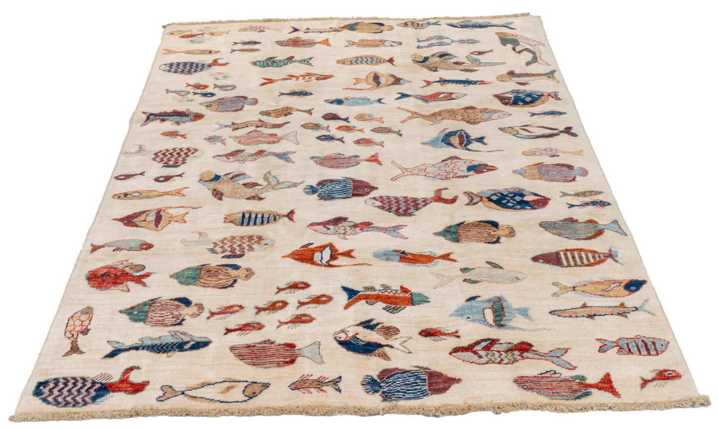 W 4.10 L 6.6 Fish 100% Wool Hand-Woven All-Over Design - 66716