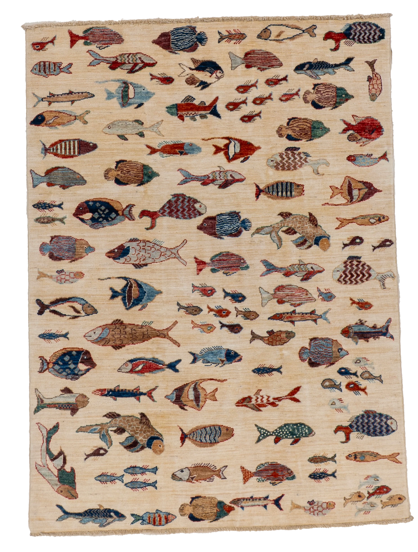 W 4.10 L 6.6 Fish 100% Wool Hand-Woven All-Over Design - 66716