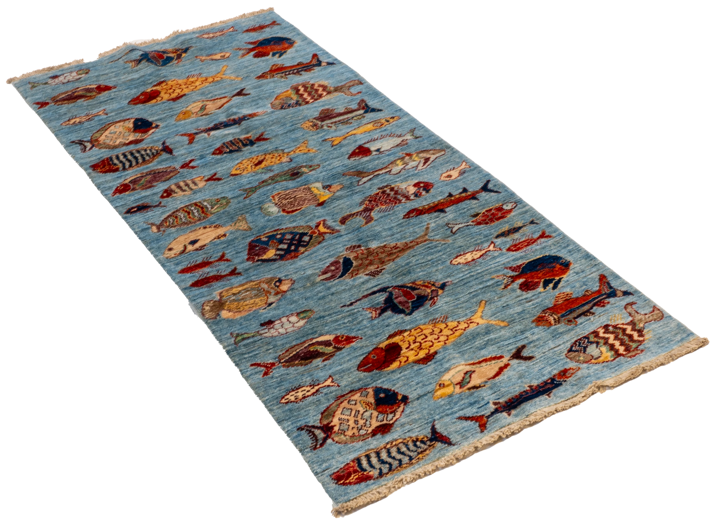 W 2.7 L 5.7 Fish 100% Wool Hand-Woven All-Over Design - 66717