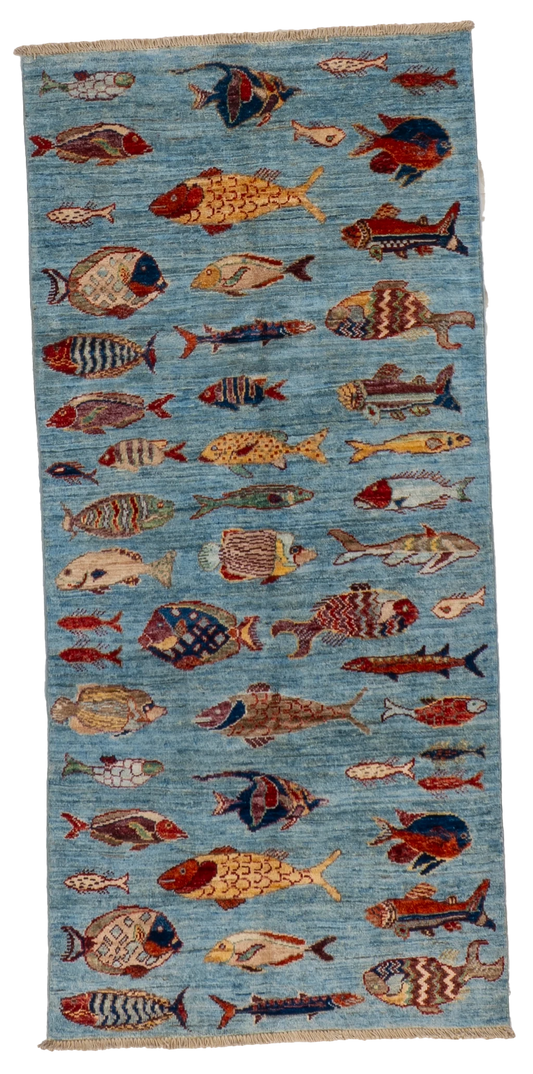 W 2.7 L 5.7 Fish 100% Wool Hand-Woven All-Over Design - 66717