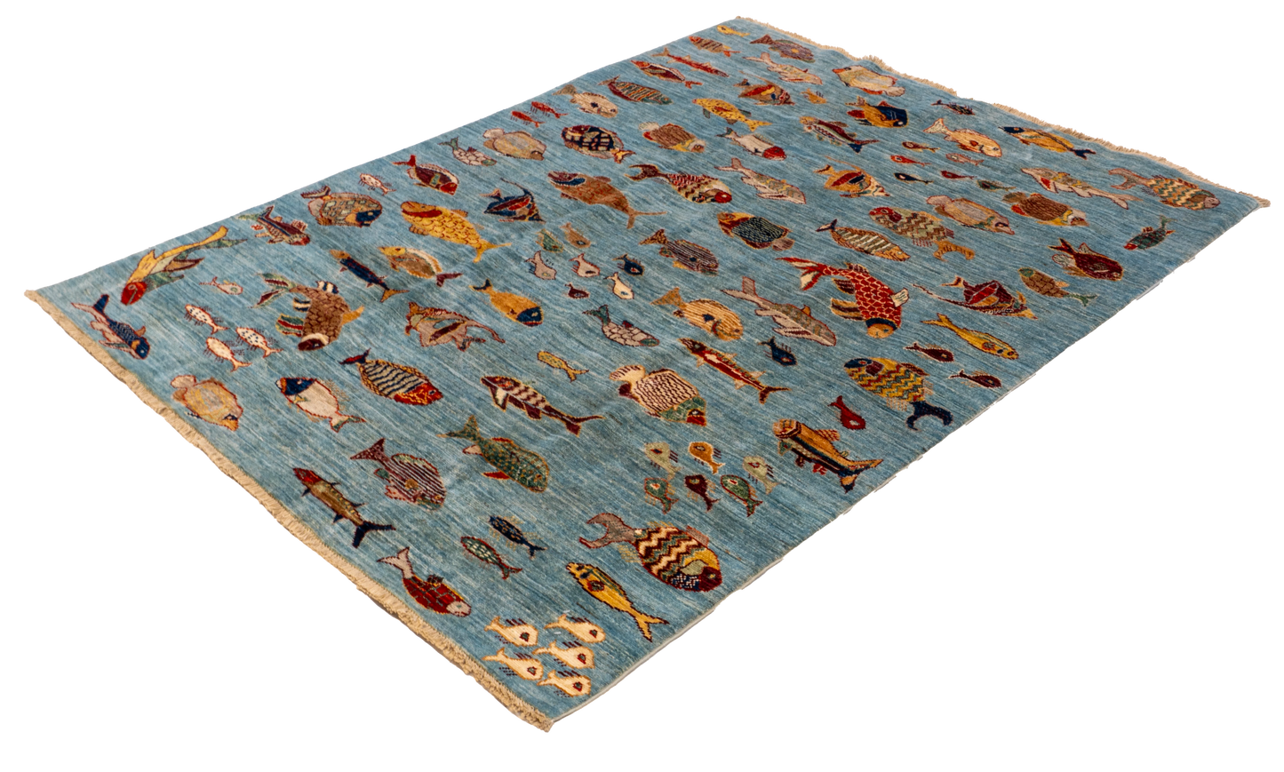 W 4.11 L 6.6 Fish 100% Wool Hand-Woven All-Over Design - 66719