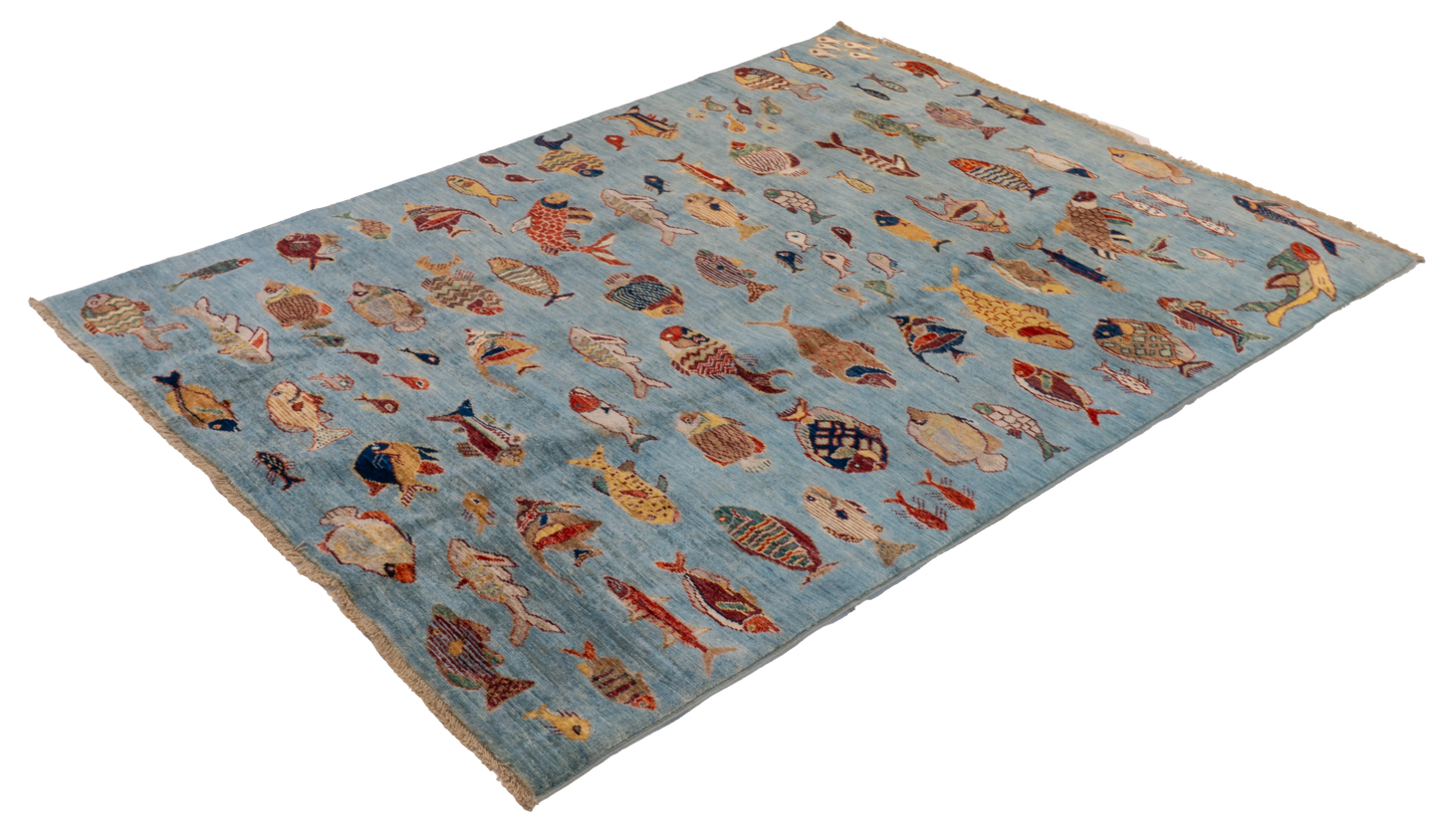 W 4.11 L 6.6 Fish 100% Wool Hand-Woven All-Over Design - 66719