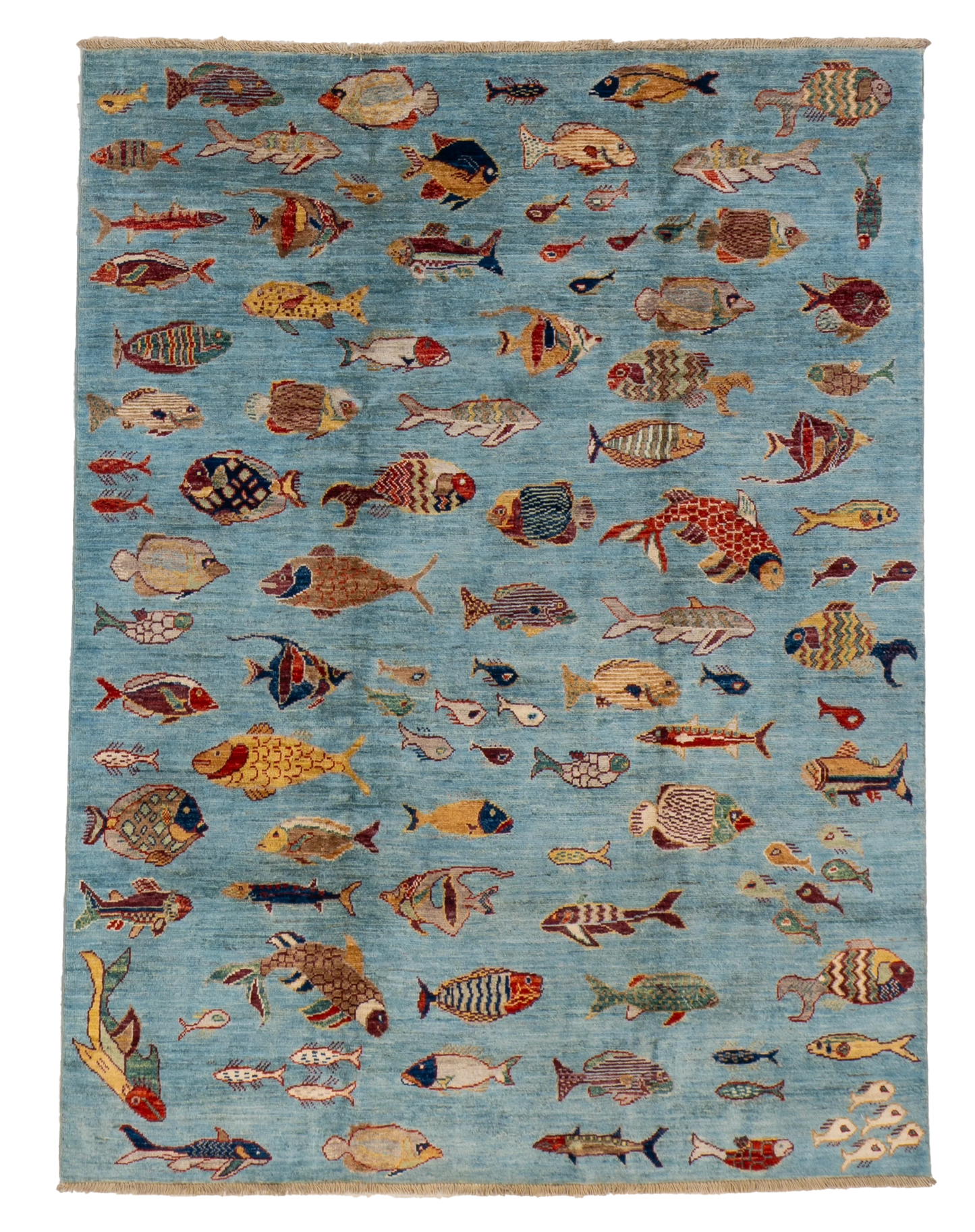 W 4.11 L 6.6 Fish 100% Wool Hand-Woven All-Over Design - 66719