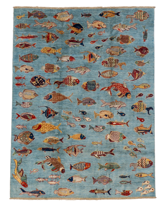 W 4.11 L 6.6 Fish 100% Wool Hand-Woven All-Over Design - 66719