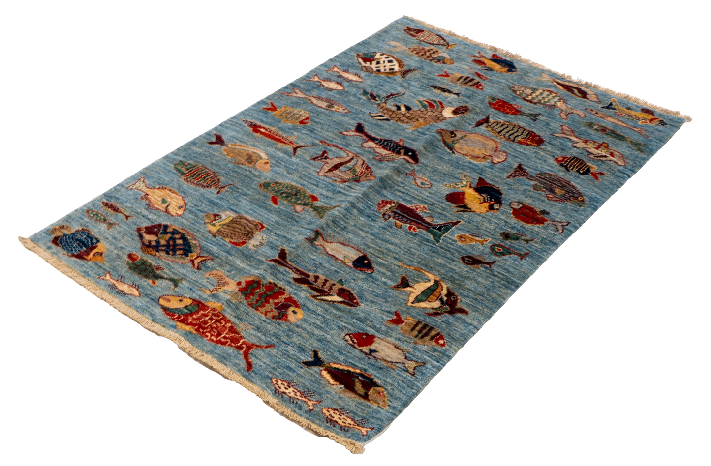 W 3.3 L 4.10 Fish 100% Wool Hand-Woven All-Over Design- 66720