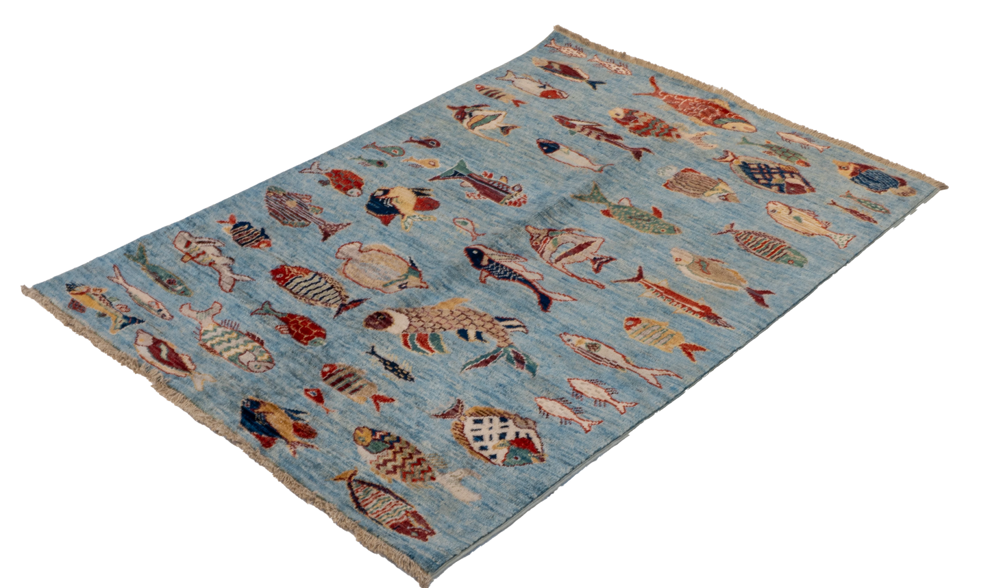 W 3.3 L 4.10 Fish 100% Wool Hand-Woven All-Over Design- 66720