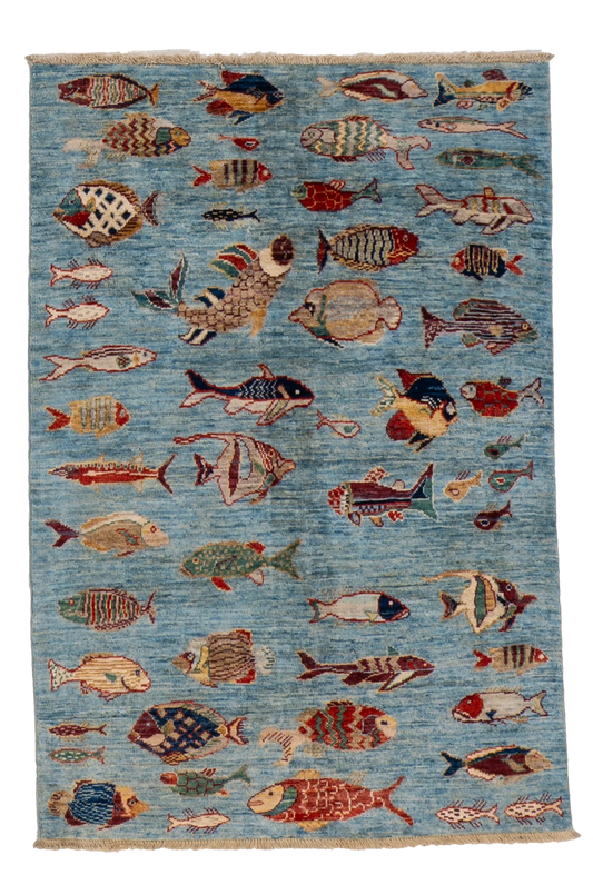 W 3.3 L 4.10 Fish 100% Wool Hand-Woven All-Over Design- 66720