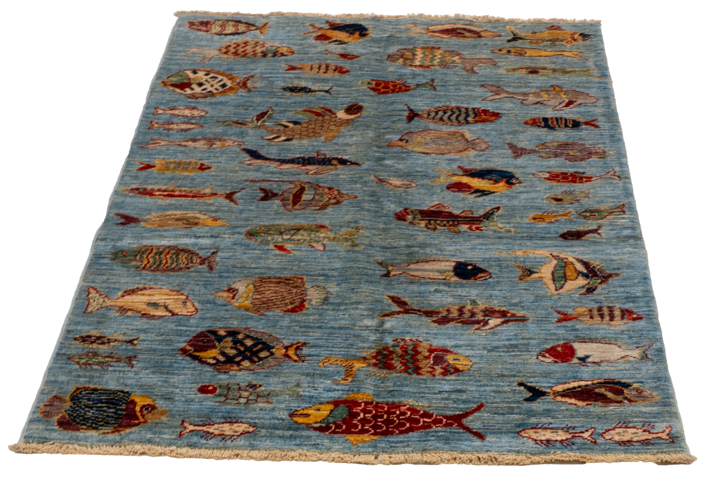 W 3.3 L 4.9 Fish 100% Wool Hand-Woven All-Over Design - 66721