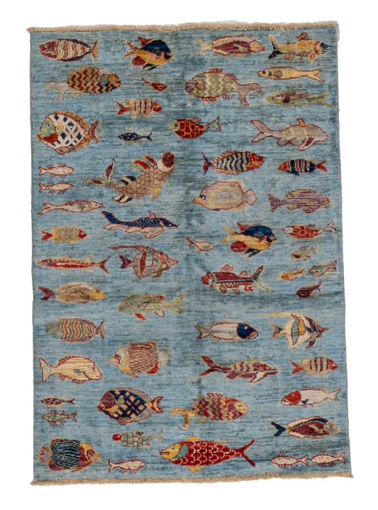W 3.3 L 4.9 Fish 100% Wool Hand-Woven All-Over Design - 66721