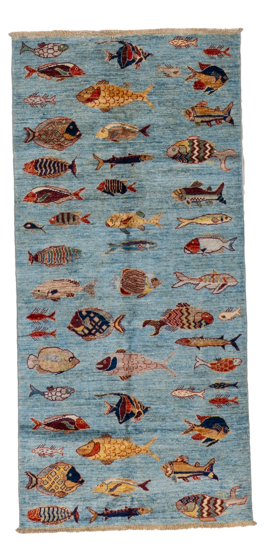 W 2.9 L 5.9 Fish 100% Wool Hand-Woven All-Over Design - 66722
