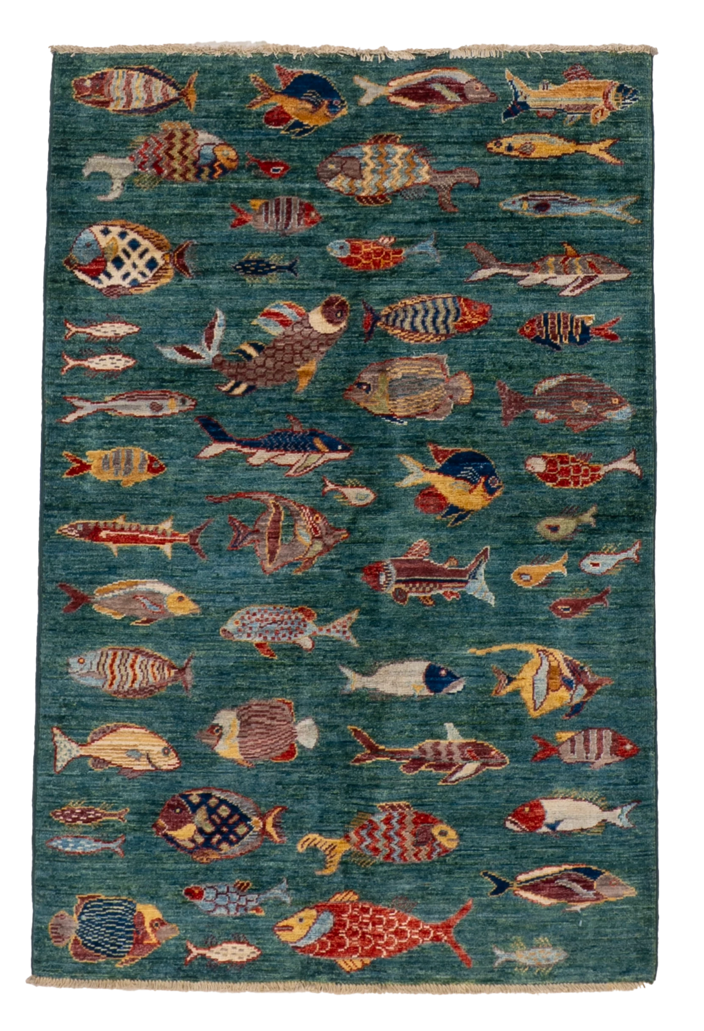 W 3.3 L 4.11 Fish 100% Wool Hand-Woven All-Over Design - 66723