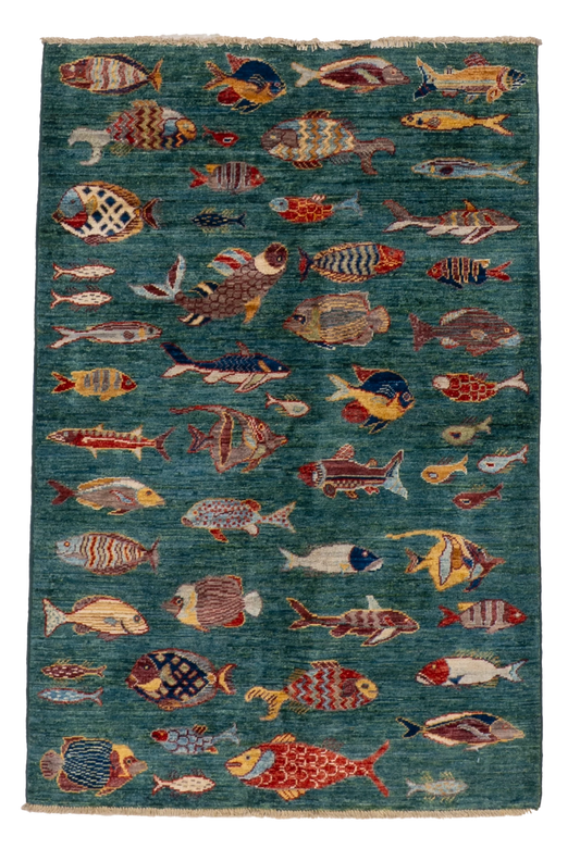 W 3.3 L 4.11 Fish 100% Wool Hand-Woven All-Over Design - 66723