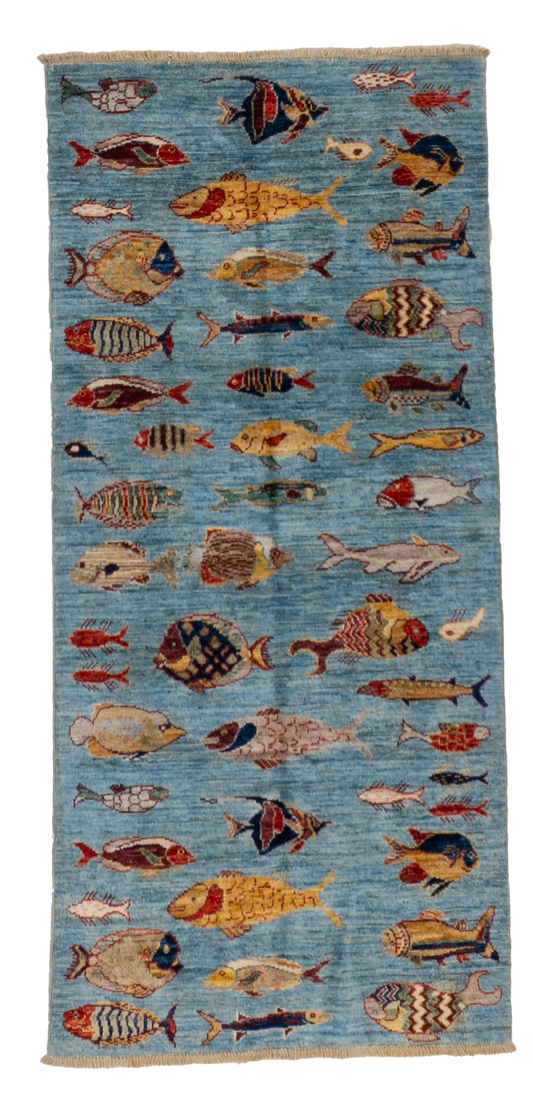 W 2.7 L 5.7 Fish 100% Wool Hand-Woven All-Over Design - 66724