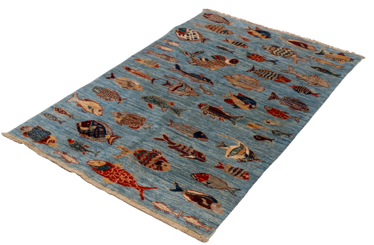 W 3.3 L 4.10 Fish 100% Wool Hand-Woven All-Over Design - 66725