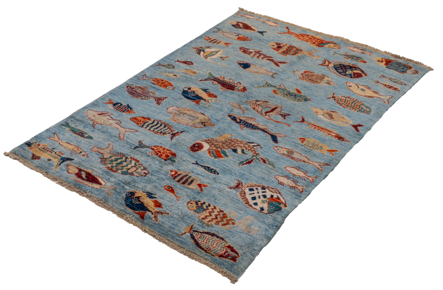 W 3.3 L 4.10 Fish 100% Wool Hand-Woven All-Over Design - 66725