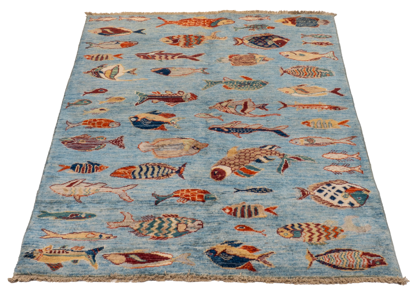 W 3.3 L 4.10 Fish 100% Wool Hand-Woven All-Over Design - 66725