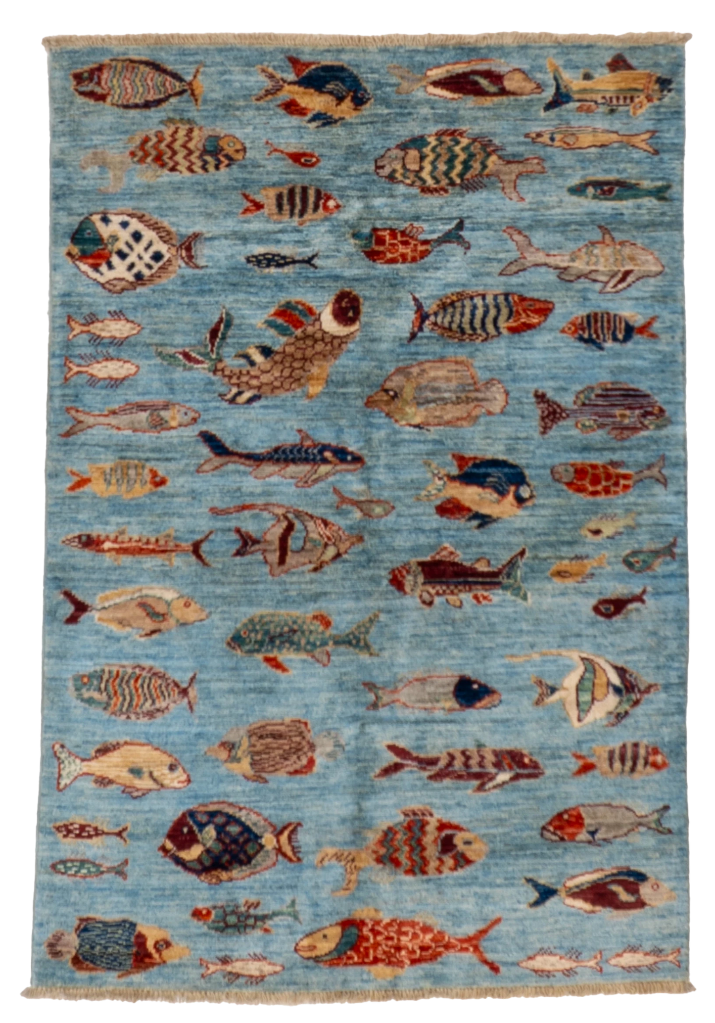 W 3.3 L 4.10 Fish 100% Wool Hand-Woven All-Over Design - 66725