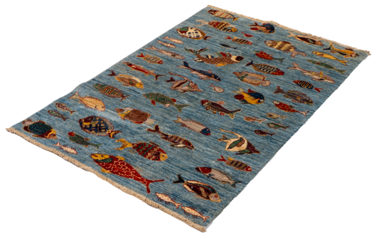 W 3.3 L 4.10 Fish 100% Wool Hand-Woven All-Over Design - 66726