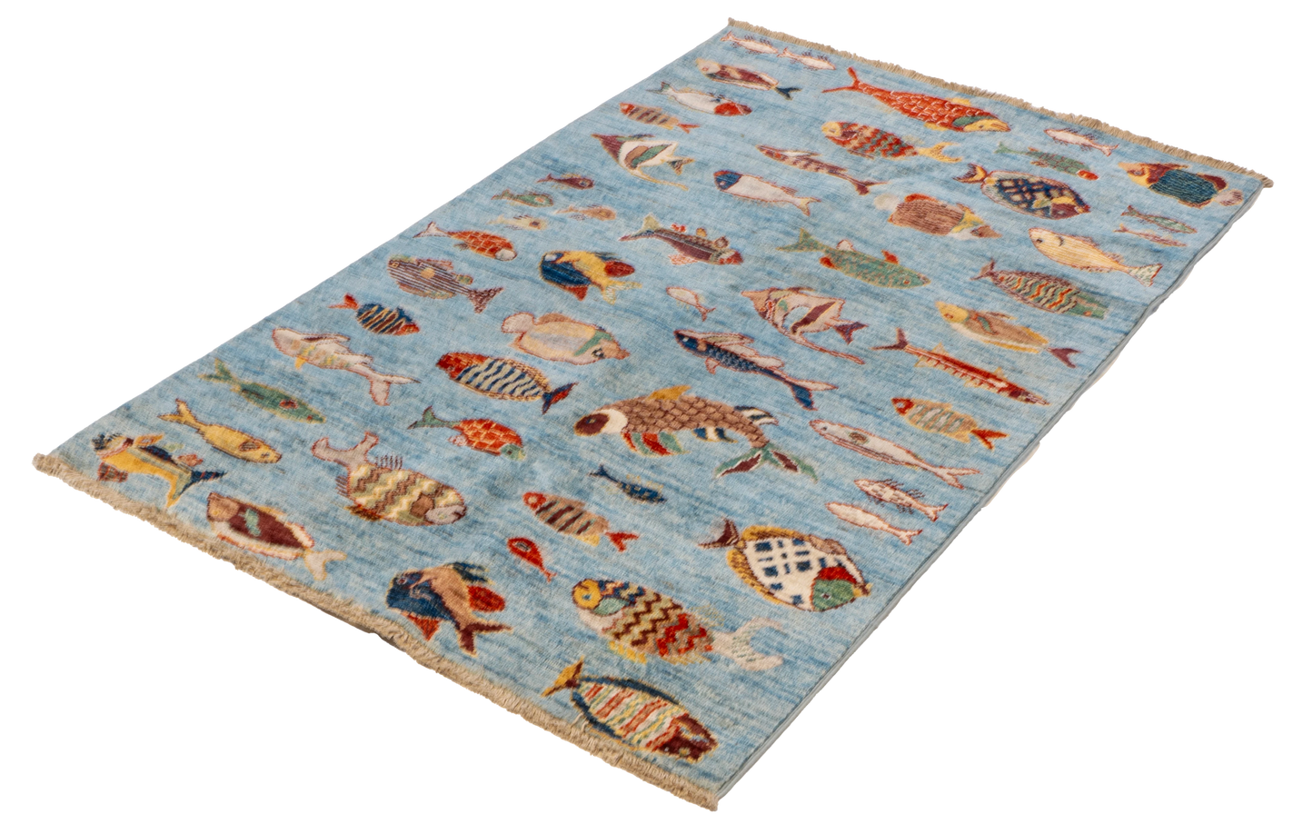 W 3.3 L 4.10 Fish 100% Wool Hand-Woven All-Over Design - 66726