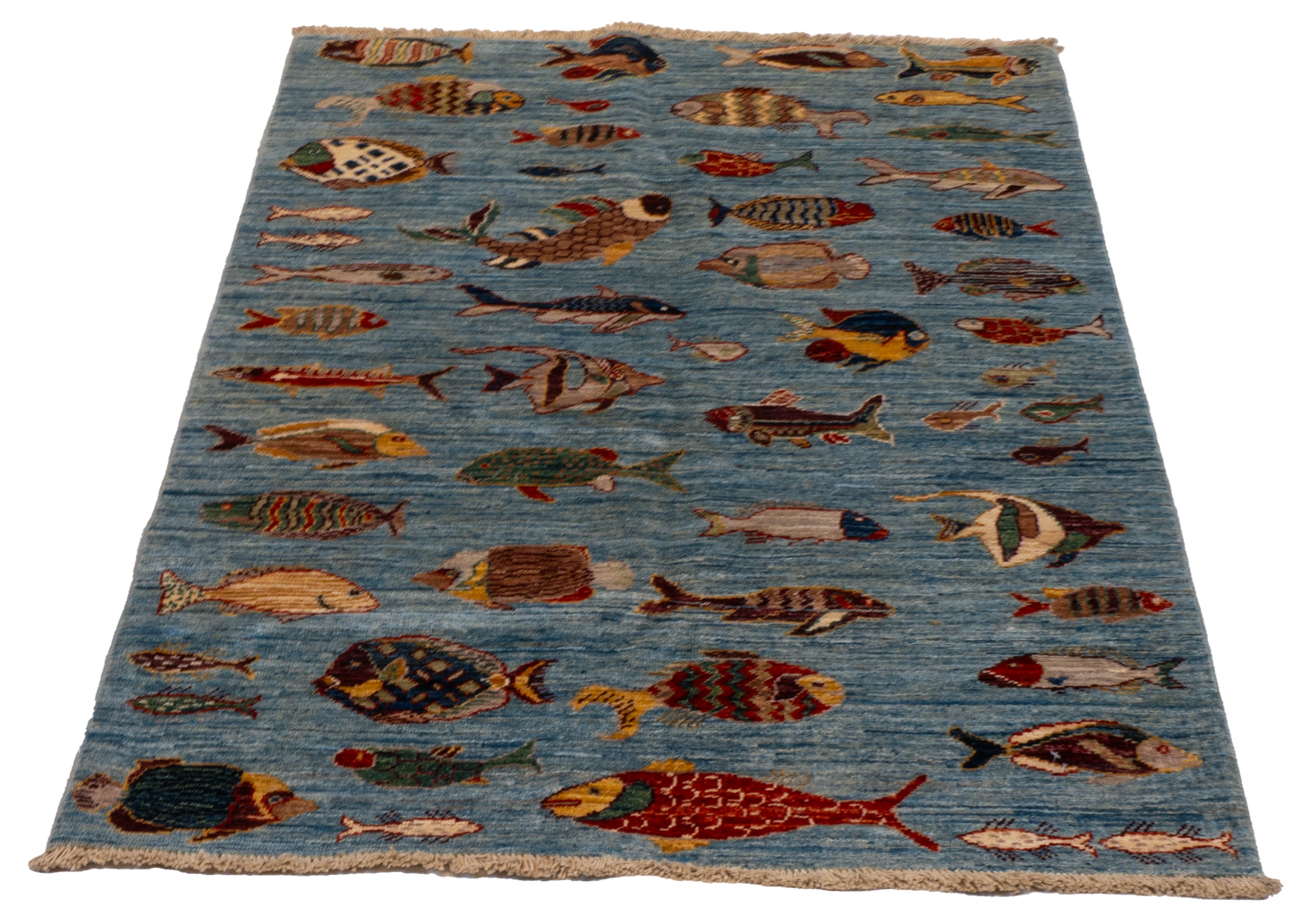 W 3.3 L 4.10 Fish 100% Wool Hand-Woven All-Over Design - 66726