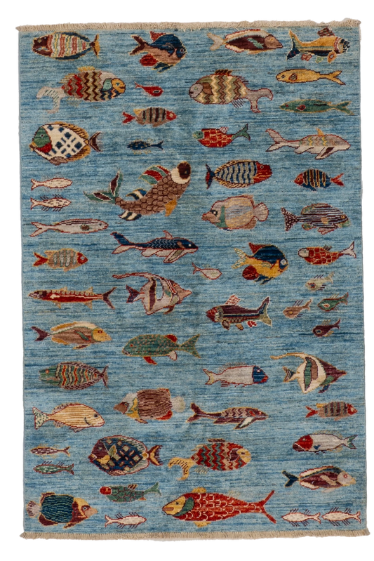 W 3.3 L 4.10 Fish 100% Wool Hand-Woven All-Over Design - 66726