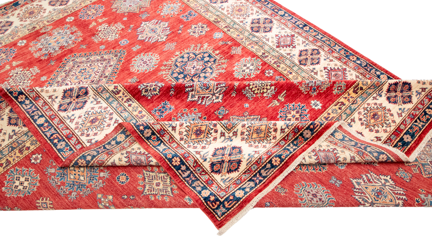 W 8.11 L 12.1 Kazak 100% Wool Hand-Woven Geometric Design - 66875