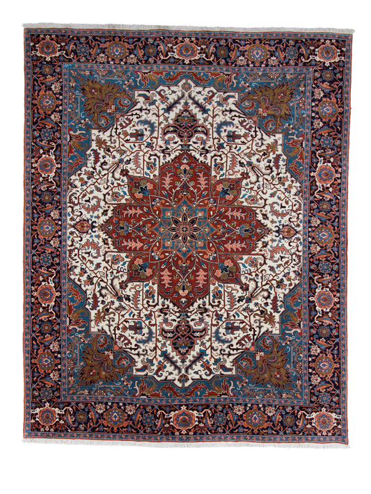 W 9.8 L 12.9 Heriz 100% Wool Hand-Woven Geometric Design - 6719