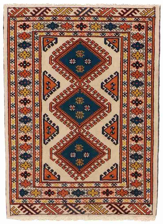 2 x 3 - Turkamen Wool Geometric Rectangle - Finest Hand-Knotted Quality Wool — 7121