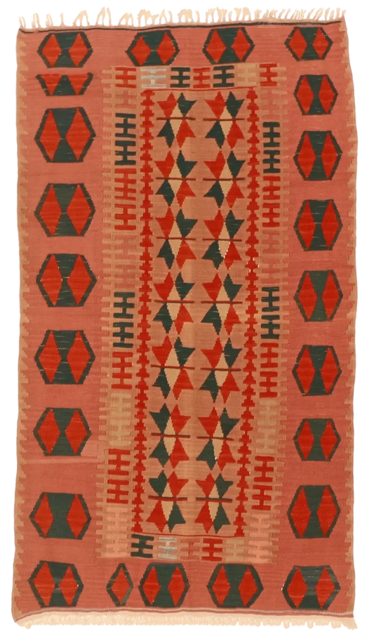 W 4 L 6 Kilim 100% Wool Hand-Woven Geometric Design - 8782
