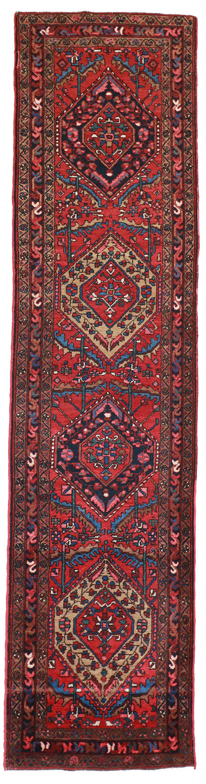 W 2.10 L 11.2 Heriz Antique Runner 100% Wool Handmade Persian Geometric Design - 9100
