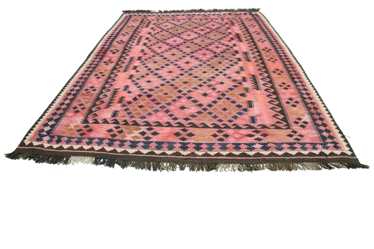W 6.6 L 9.5 Kilim 100% Wool Hand-Woven Geometric Design - 9306