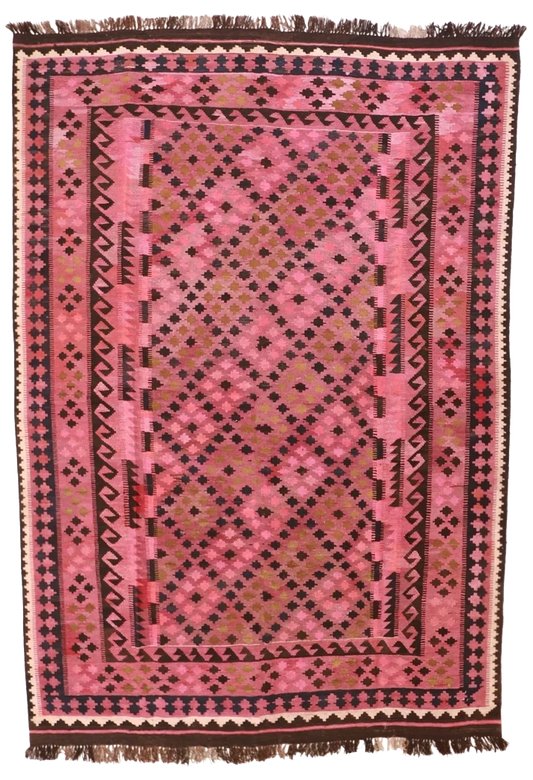 W 6.6 L 9.5 Kilim 100% Wool Hand-Woven Geometric Design - 9806