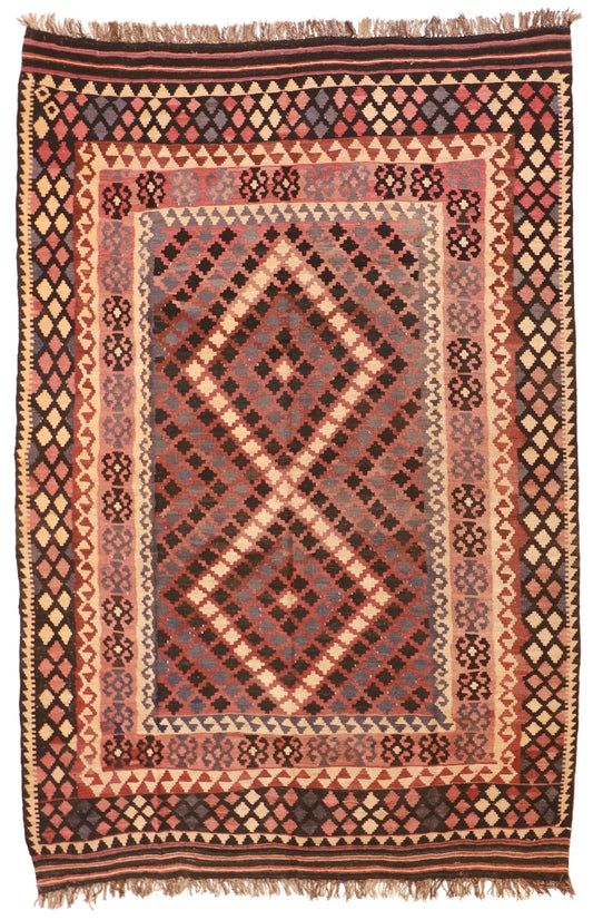 6.9 x 9.11 - Kilim Wool Geometric Rectangle - Finest Hand-Knotted Quality Wool — 9809