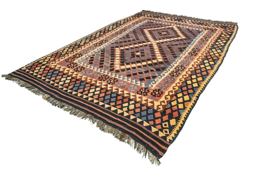 W 6.9 L 9.11 Kilim 100% Wool Hand-Woven Geometric Design - 9809