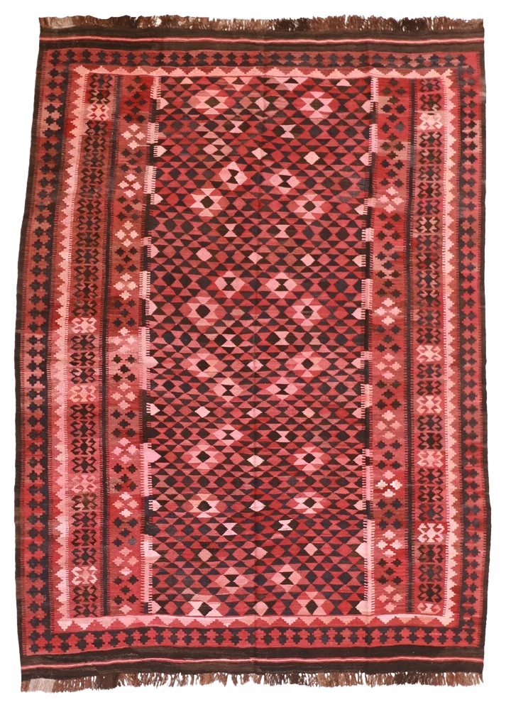 W 6.7 L 9.2  Kilim 100% Wool Hand-Woven Geometric Design - 9814