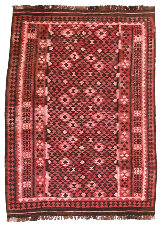 W 6.7 L 9.2  Kilim 100% Wool Hand-Woven Geometric Design - 9814
